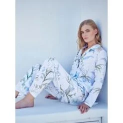 Baumwolle Satin Schlafanzug IRIS Weiß Aqua Von Fürstenberg