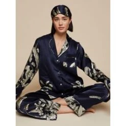 100% Seide Schlafanzug Elisabetha In ELEPHANT GARDEN Nachtblau Von Radice